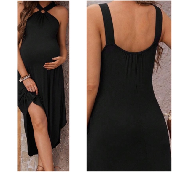 Maternity Black Stretchy Curved Hem Pockets Midi Dress - Picture 1 of 5